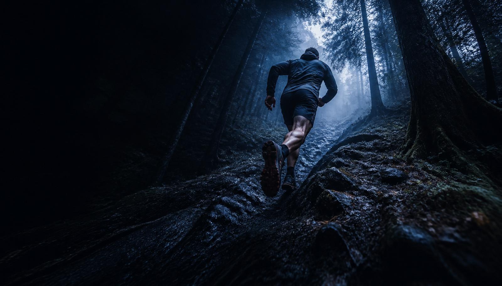 Coureur en pleine ascension sur un sentier de forêt